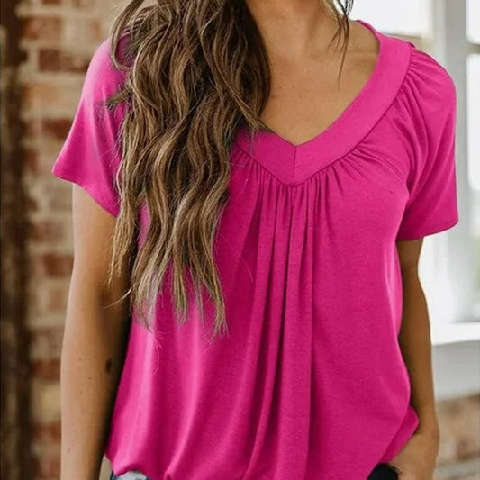 Kvinders afslappet plisseret V-hals kortærmet top