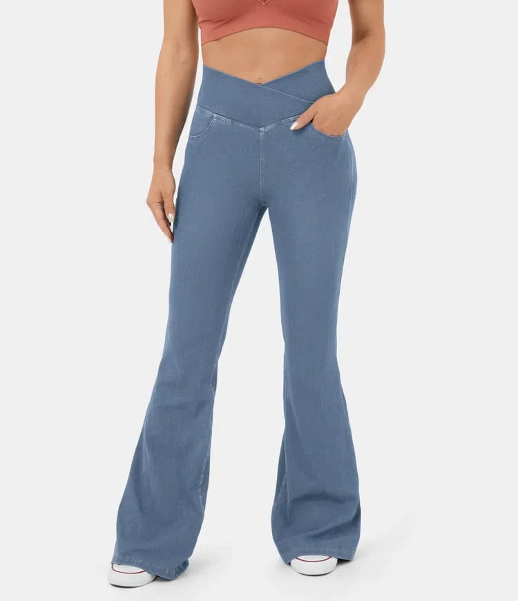 🔥Stretch denim højtaljede cross flare bukser👖