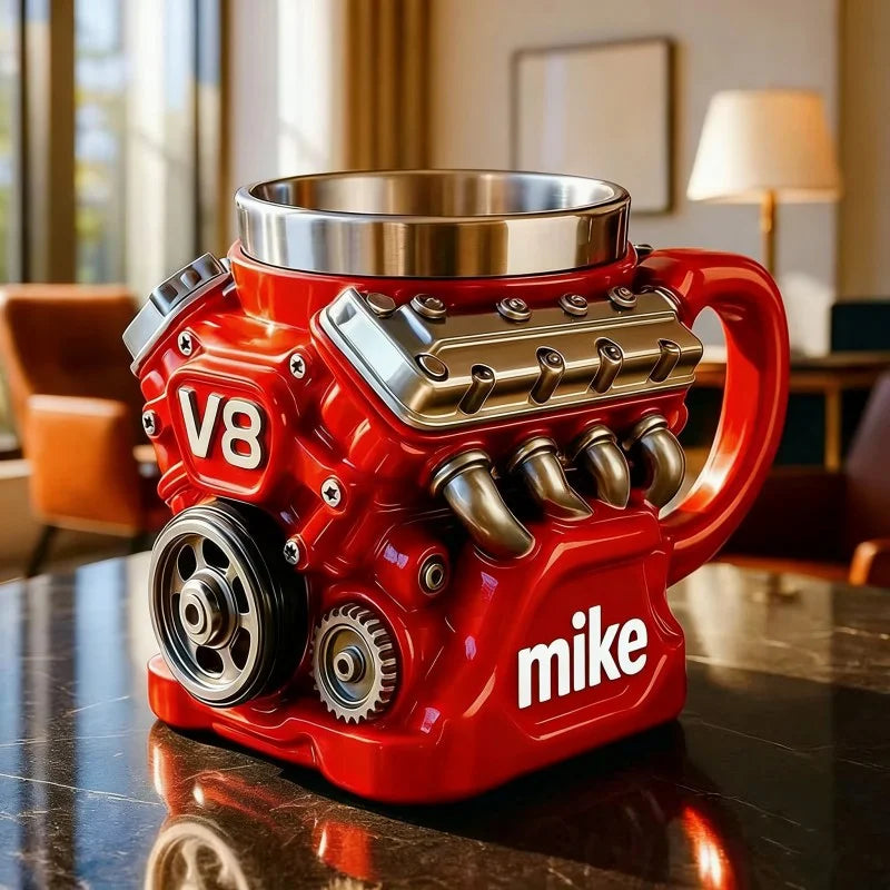Tazza da caffè a tema motore, tazza realistica in acciaio inox a forma di motore V8