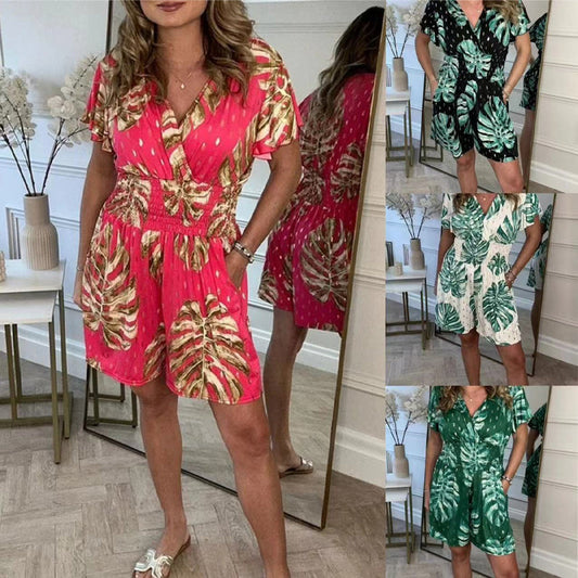 🌿 Frisk jumpsuit med V-hals og blomsterprint 🌿