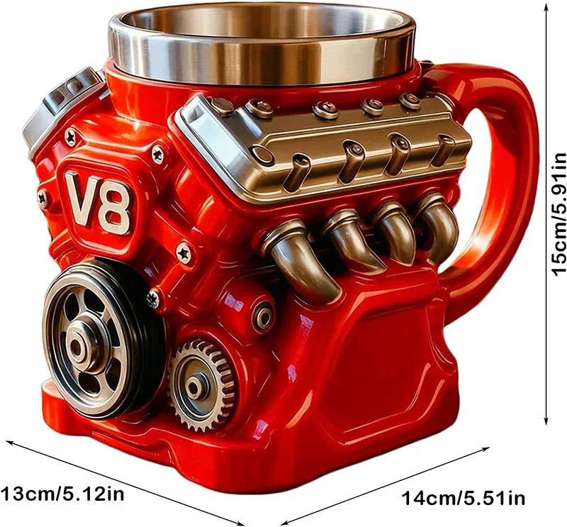 Tazza da caffè a tema motore, tazza realistica in acciaio inox a forma di motore V8