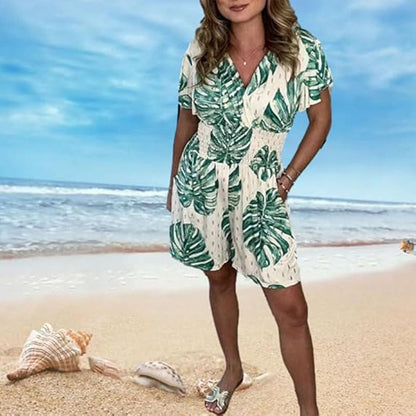 🌿 Frisk jumpsuit med V-hals og blomsterprint 🌿