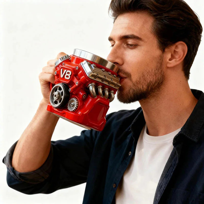Tazza da caffè a tema motore, tazza realistica in acciaio inox a forma di motore V8