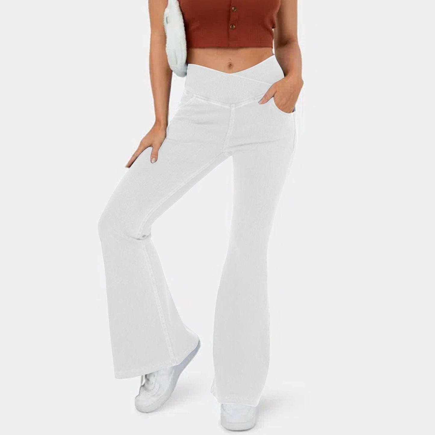 🔥Stretch denim højtaljede cross flare bukser👖