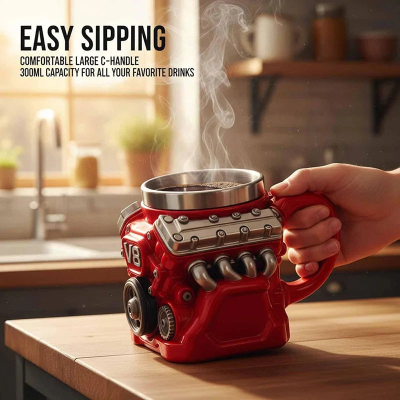 Tazza da caffè a tema motore, tazza realistica in acciaio inox a forma di motore V8