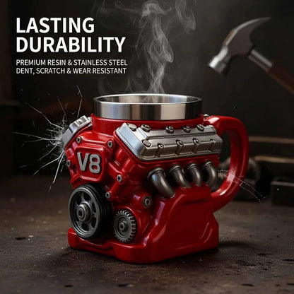 Tazza da caffè a tema motore, tazza realistica in acciaio inox a forma di motore V8
