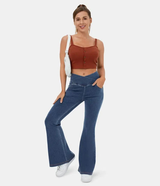 🔥Stretch denim højtaljede cross flare bukser👖