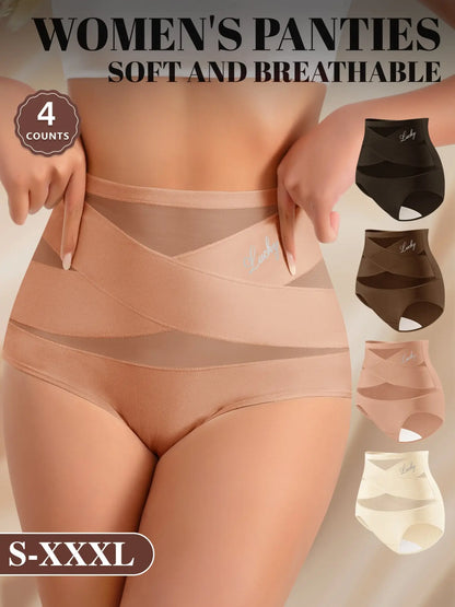 Women's High-Waisted Fitted Mesh Panties Set (4-Pack), Soft Breathable Non-Irritating Design, Comfortable All Season Underwear, Sizes S-Xxl