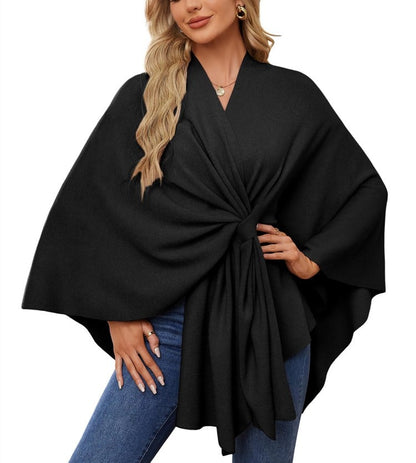Elegant, blød poncho-sweater med sjal og åben front