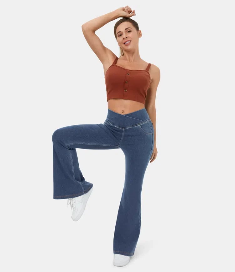 🔥Stretch denim højtaljede cross flare bukser👖
