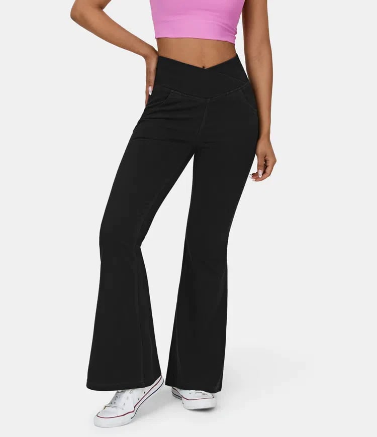 🔥Stretch denim højtaljede cross flare bukser👖