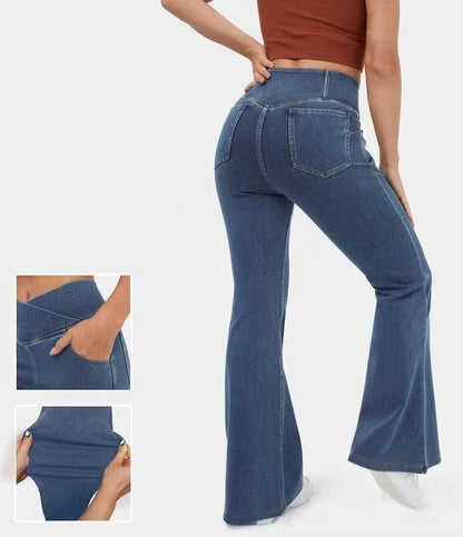 🔥Stretch denim højtaljede cross flare bukser👖